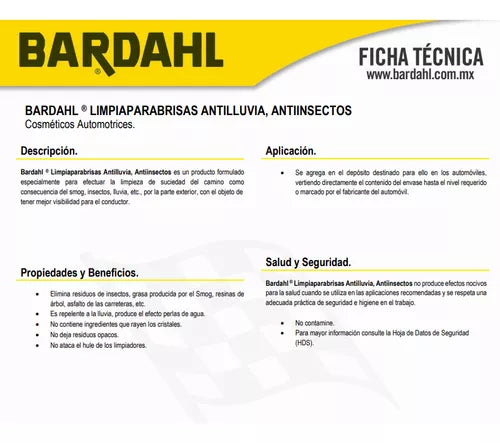 Bardahl Limpia Parabrisas Anti-lluvia Anti-insectos 946 Ml