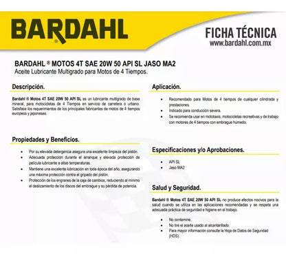 Aceite Para Motor Bardahl Mineral 20w-50 Para Motos