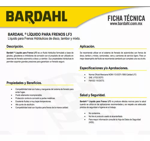 Liquido De Frenos Bardahl Dot3 900 Ml