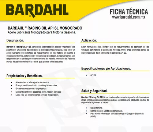 Aceite Motor Monogrado Sae 40 Bardahl 946ml Autos Camionetas