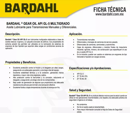 Aceite Transmision Estandar 80w90 Bardahl 946ml