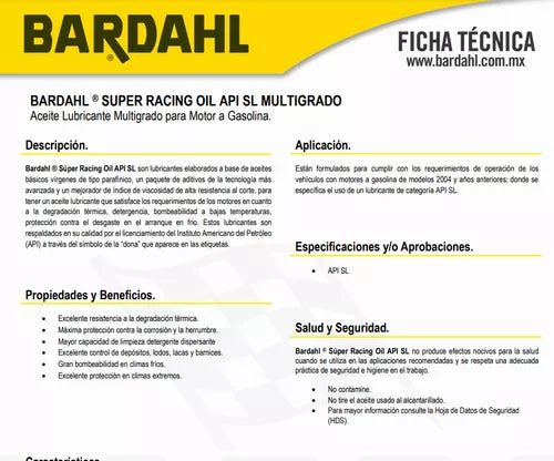 Aceite Para Motor Bardahl 20w50 Racing Oil 946 Ml
