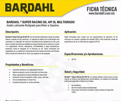 Aceite Para Motor Bardahl 20w50 Racing Oil 946 Ml