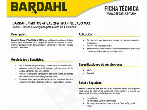 Aceite Multigrado P Motos 4 Tiempos 20w-50 Sn 946 Ml Bardahl